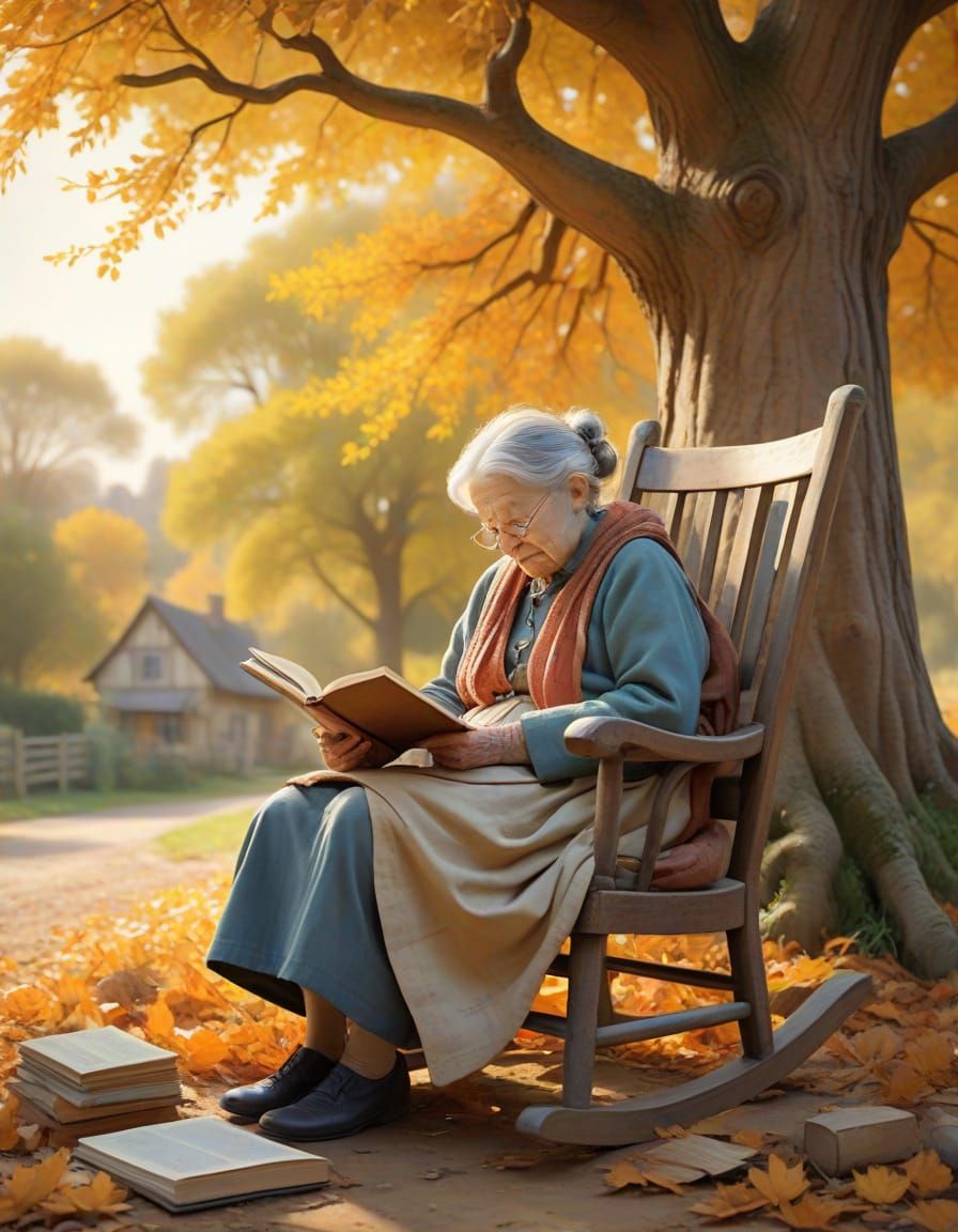 Comical Old Woman Reading, Oil Painting in Storybook Style