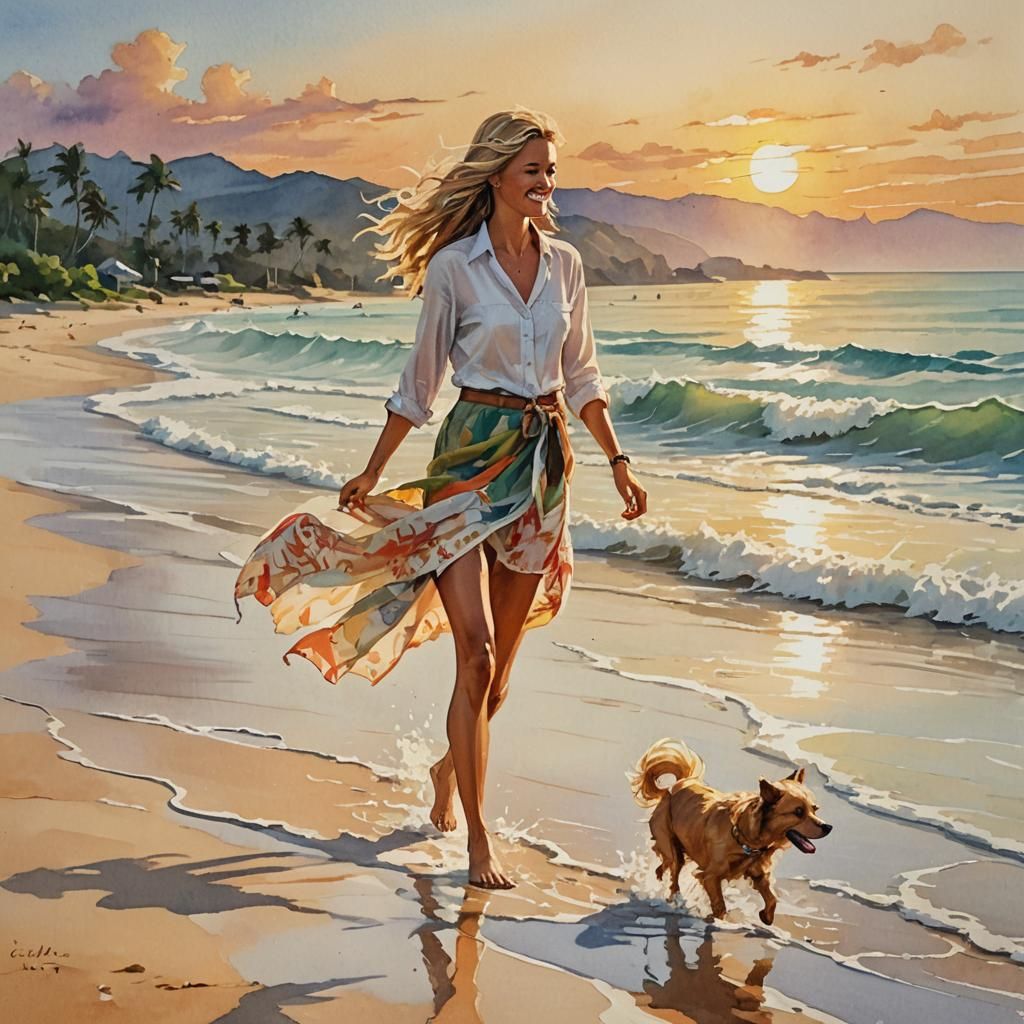 Woman on Tropical Beach in Art Nouveau Style