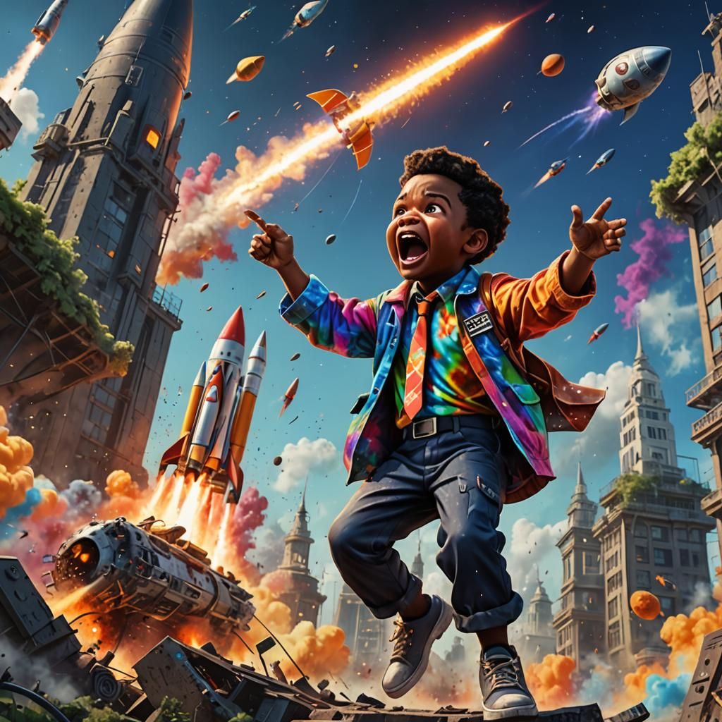 Man Launches Rocket: Detailed Matte Painting