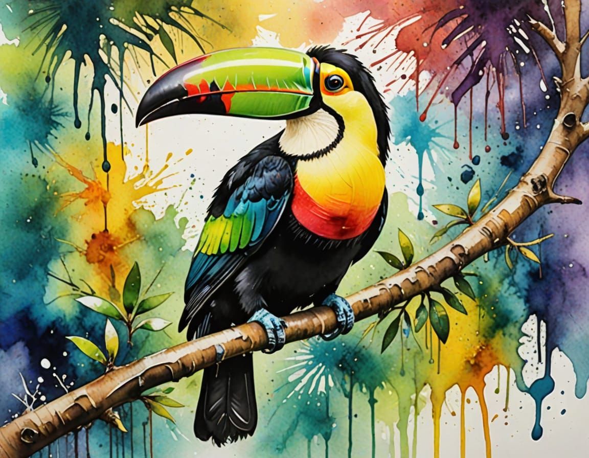 Vibrant Tropical Bird in Splashing Watercolors