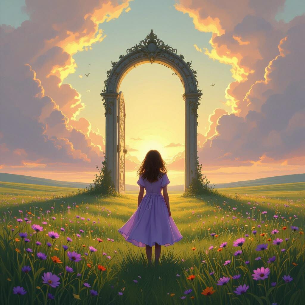 Girl and Distant Magical Door in Field