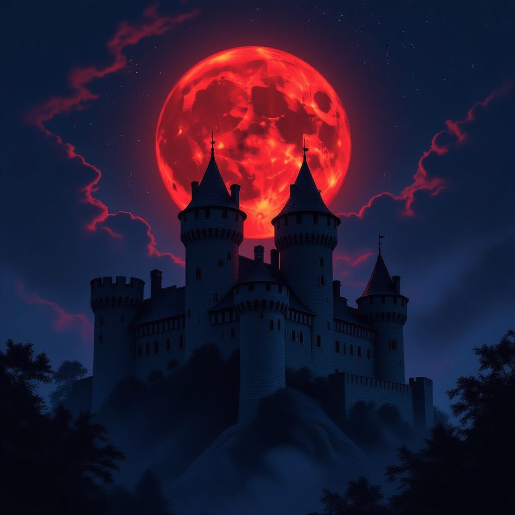 Medieval Castle Under Dramatic Blood Moon