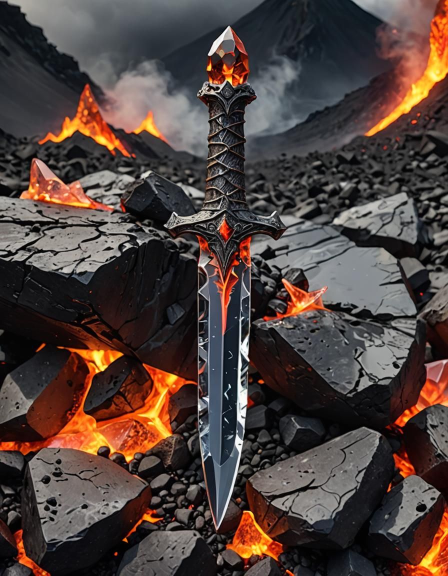 transparent dagger made of crystal, volcano rock