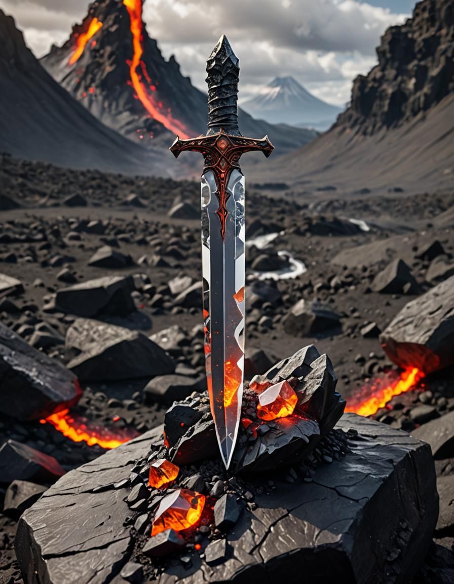 transparent dagger made of crystal, volcano rock