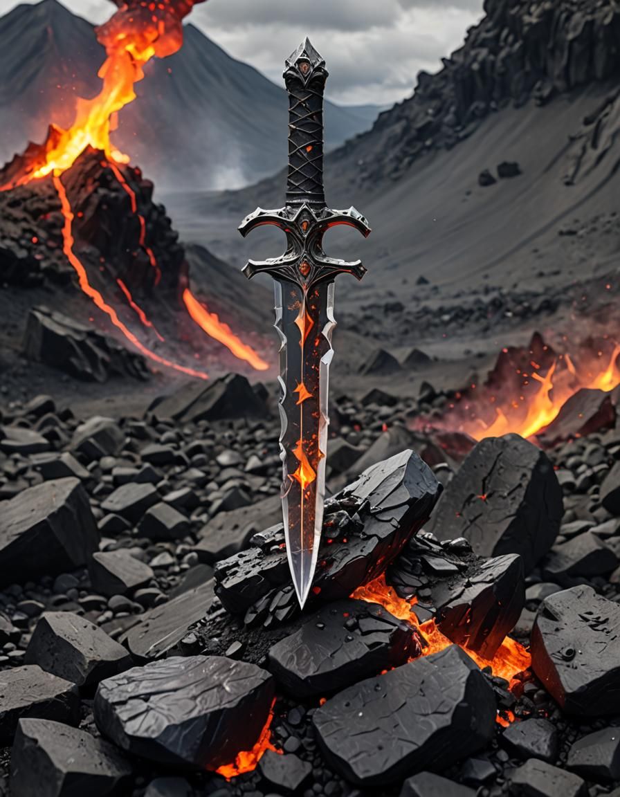 transparent dagger made of crystal, volcano rock