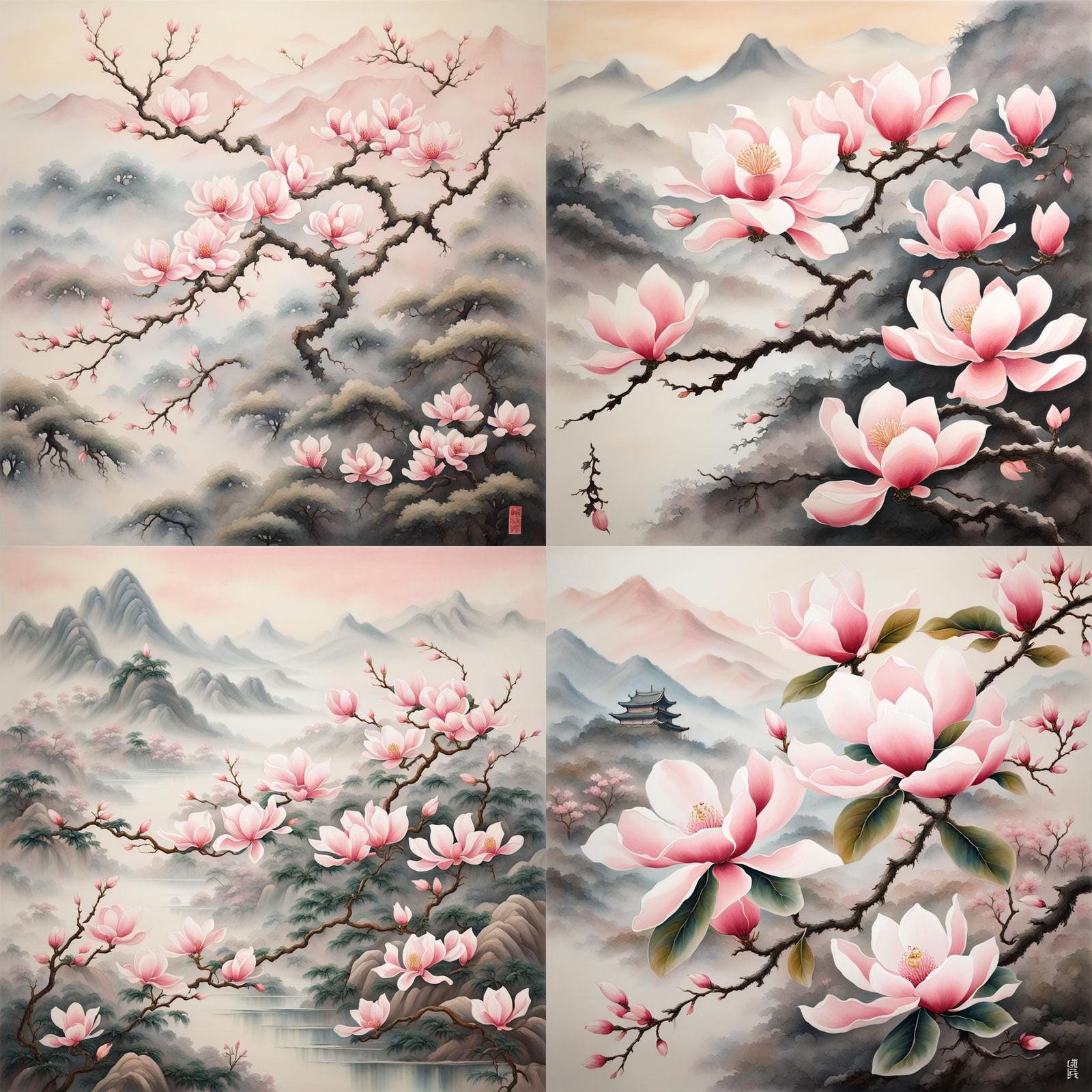 Blooming Magnolia Branch in Chinese Painting Style