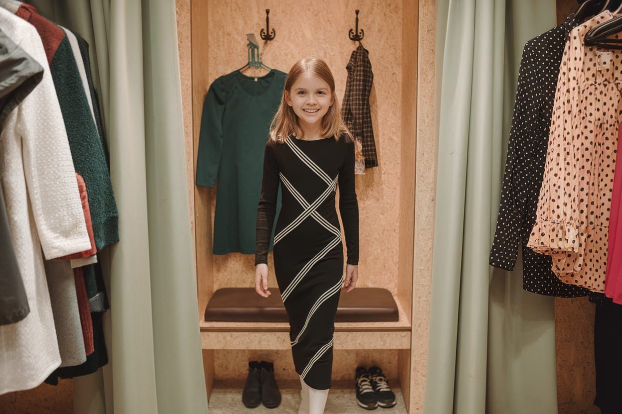 Smiling 10-Year-Old Girl Exits Fitting Room in Maxi Black Dr...