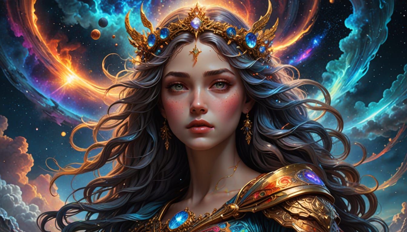 Celestial Goddess Weeping Tears of Light in Nebula