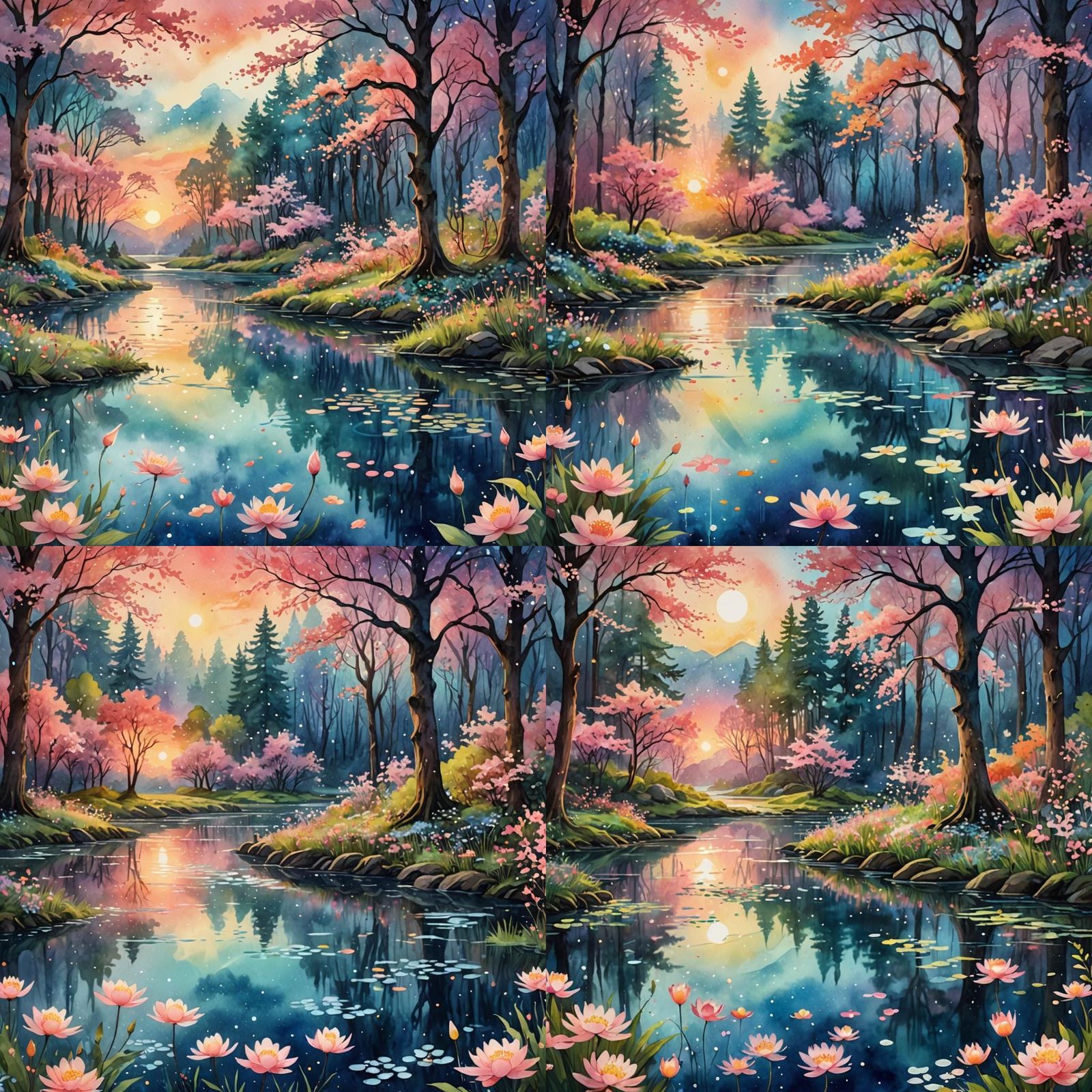 Ethereal Watercolor Landscape with Neon Brushstrokes