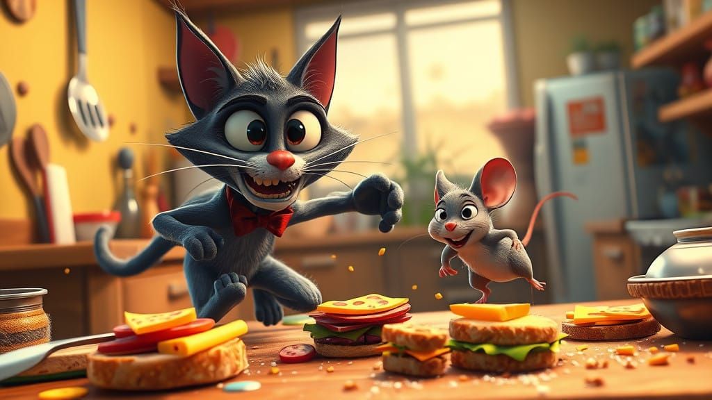 Whimsical Cat Chase in a Chaotic Kitchen