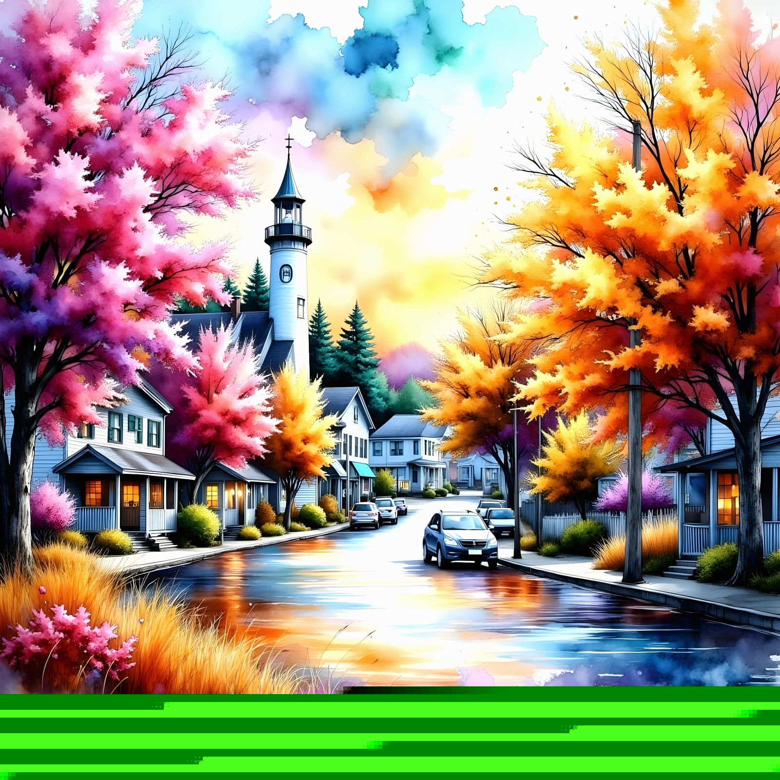 Vibrant Coastal Townscape in Colorful Acrylic Style