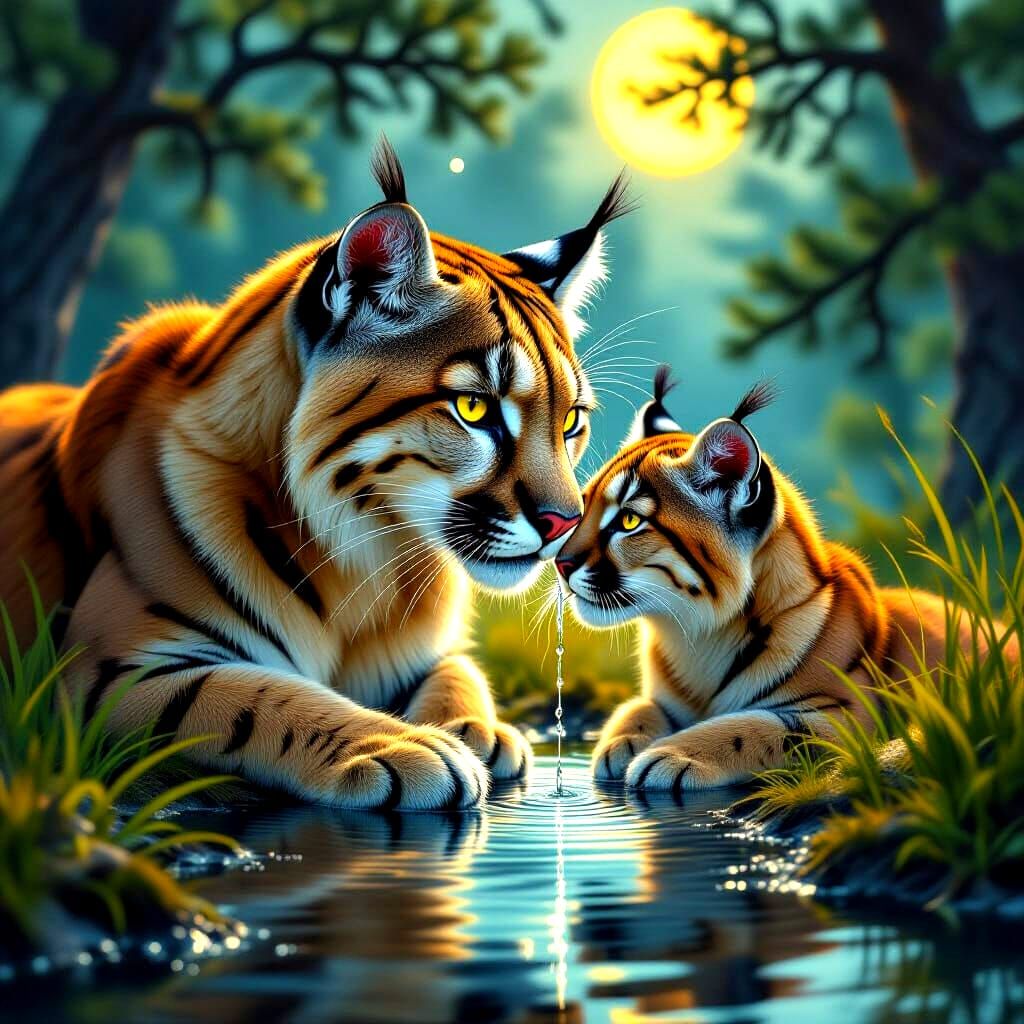 Tawny Cougar's Reflection in Dark Fantasy Forest