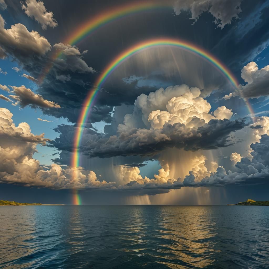 Rainbow Over Water Under Stormy Sky
