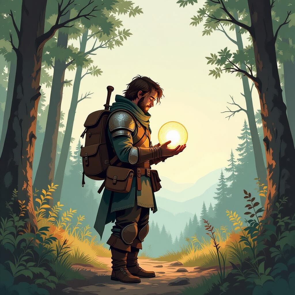 Traveler Emerges from Forest with Glowing Orb