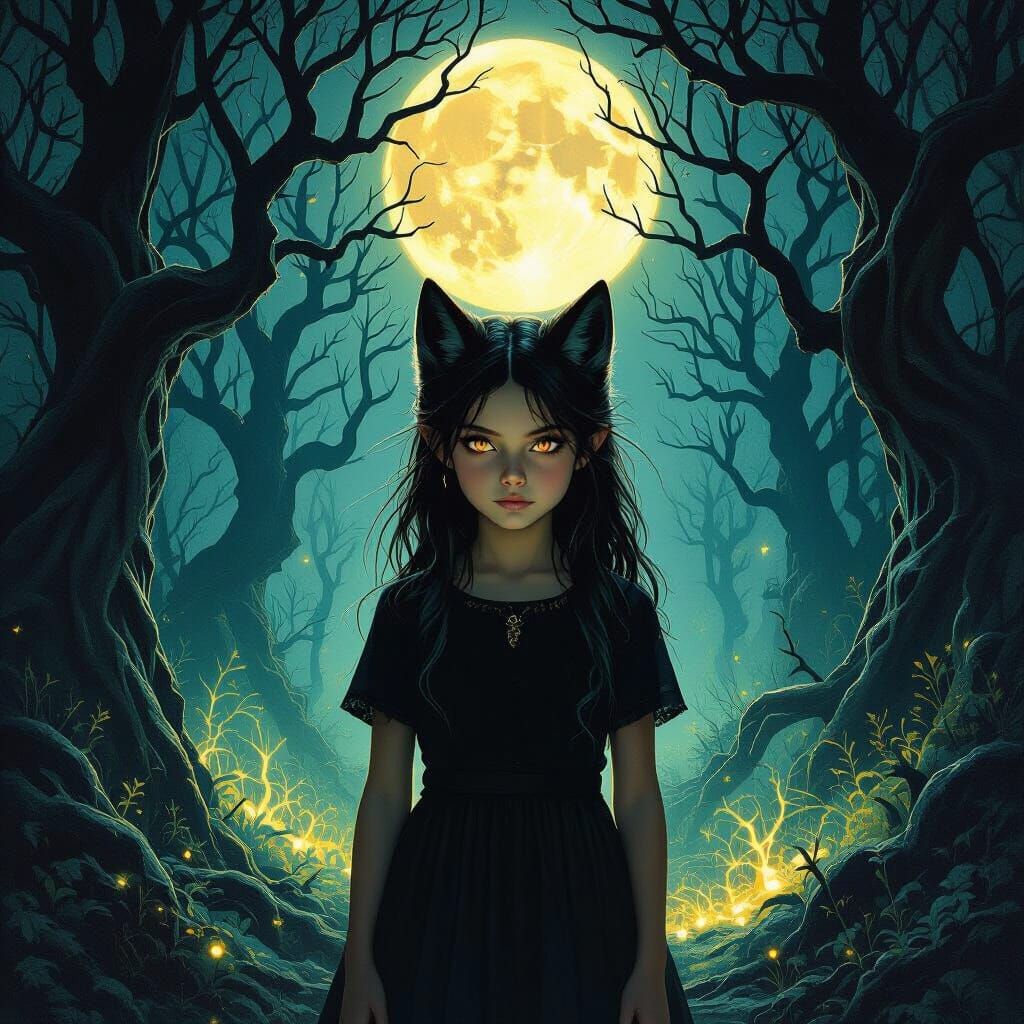 Ethereal Wolf Girl in Moonlit Forest
