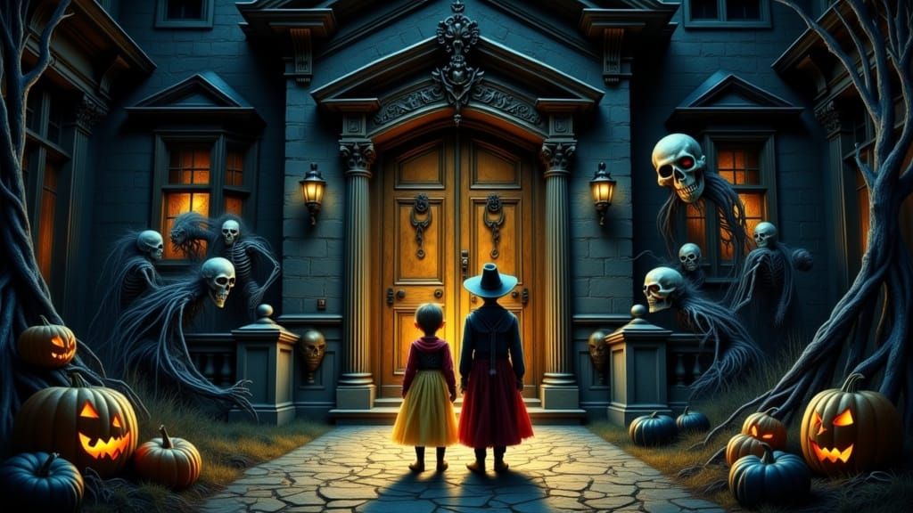 Children Trick-or-Treat at Haunted Gothic Mansion