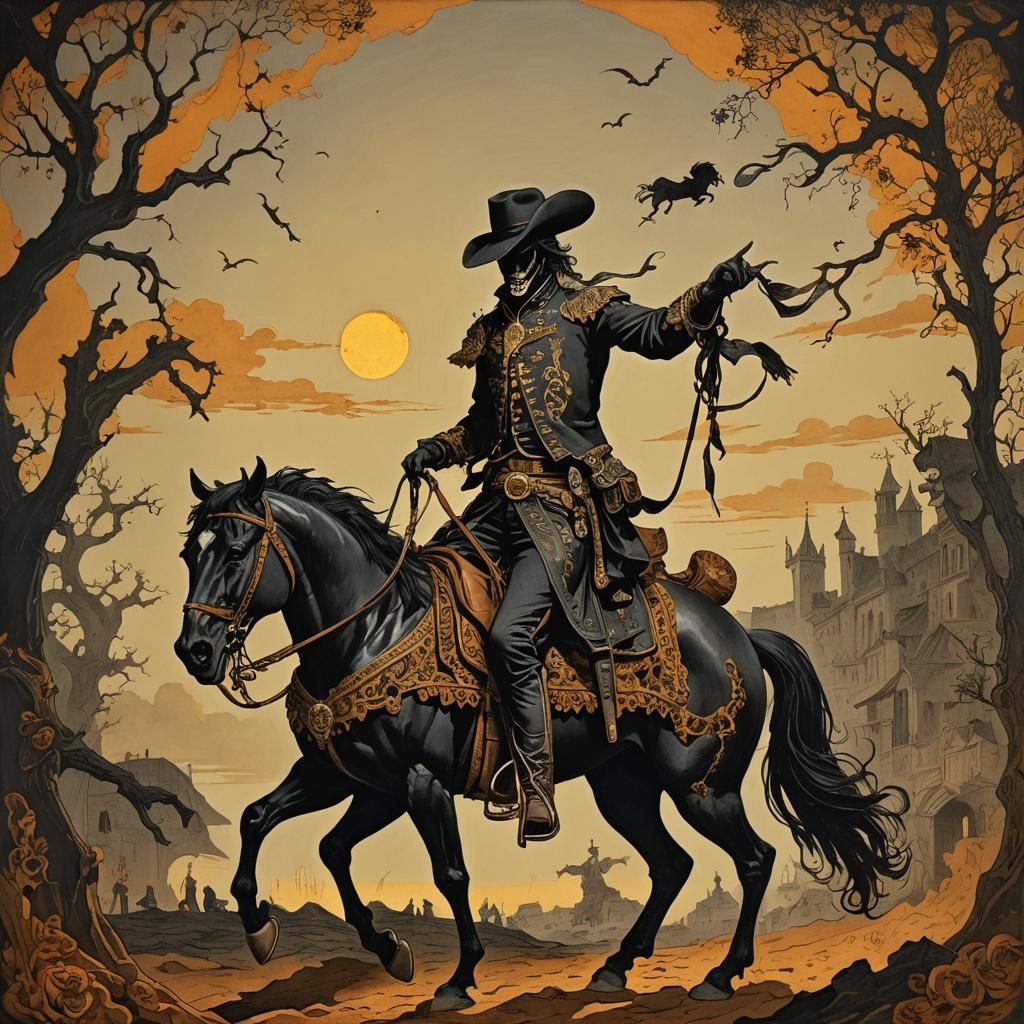 Macabre Cowboy Rides Skeletal Horse at Sunset