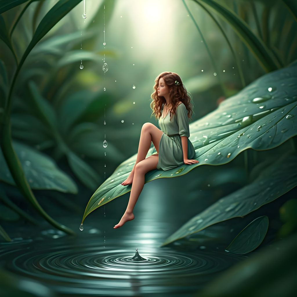 Tiny Woman Sitting Calmly on Garden Leaf