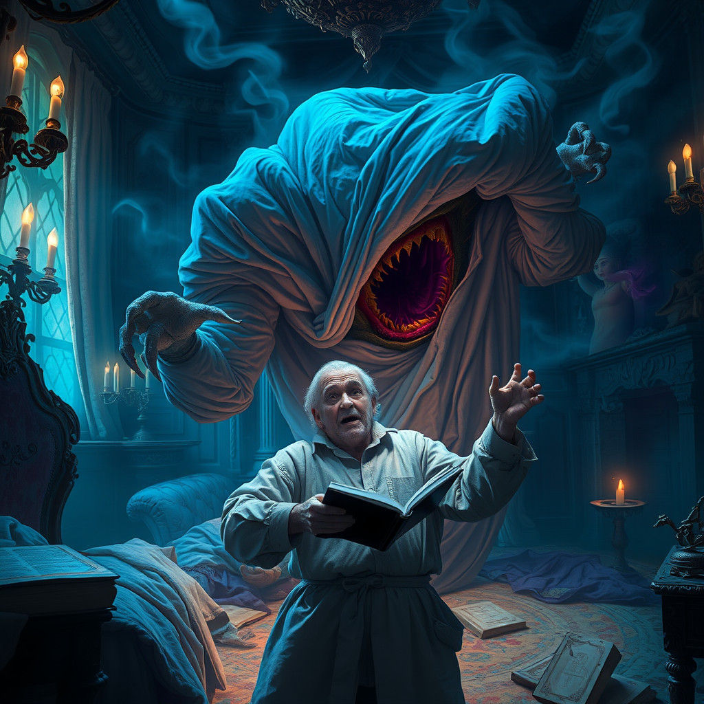 Dark Fantasy Bedchamber Encounter in Electric Blue and Purpl...