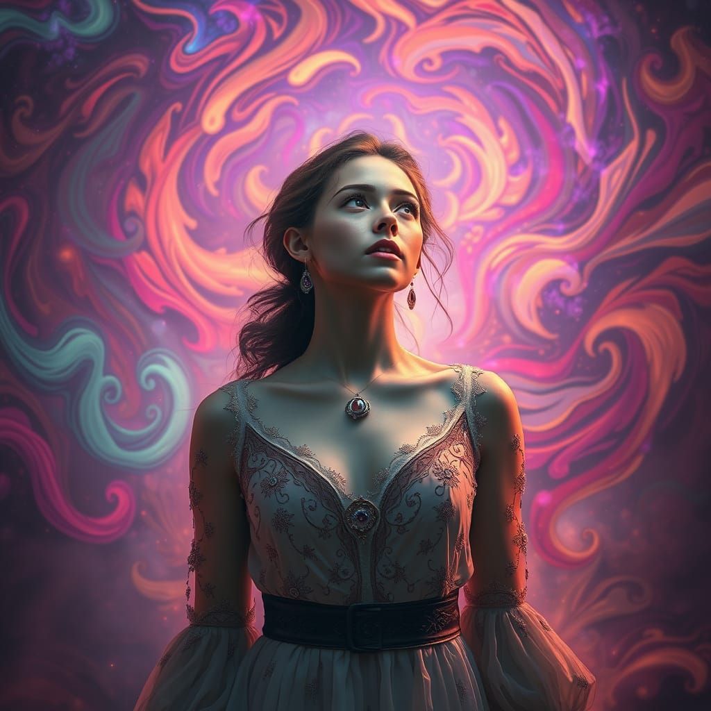 Entranced Woman in Dreamlike Swirling Patterns