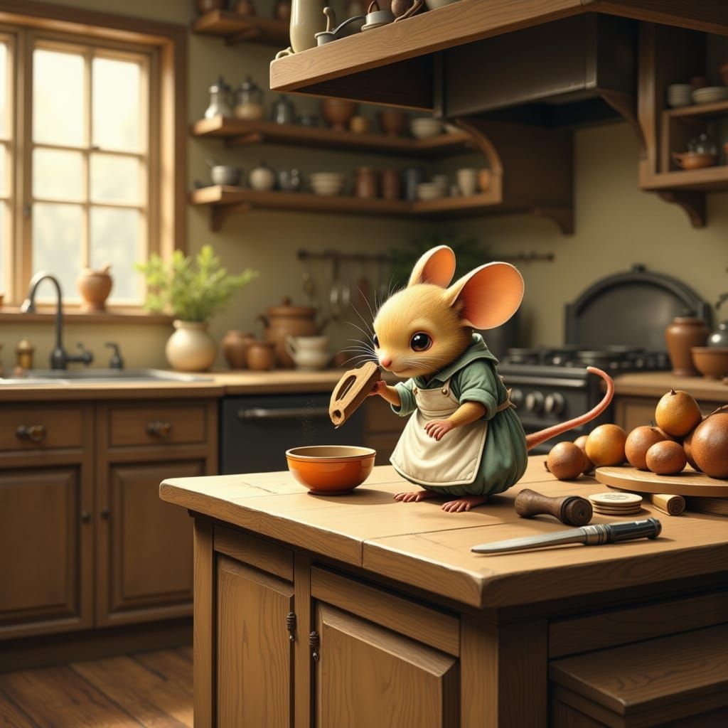 Mouse in Kitchen, Whimsical Illustration