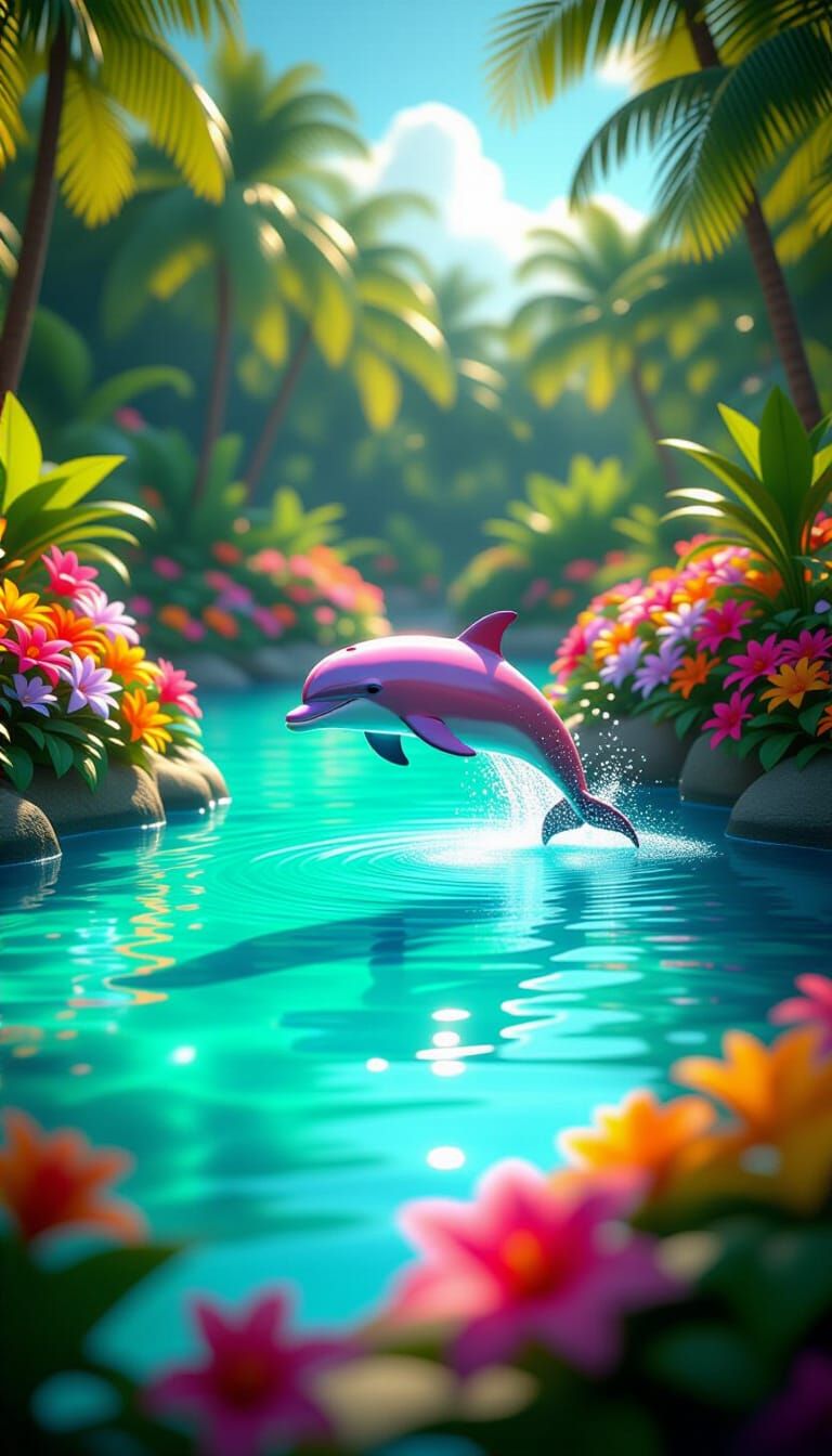 3D Disney Style Dolphin Leaping from Glowing Pond