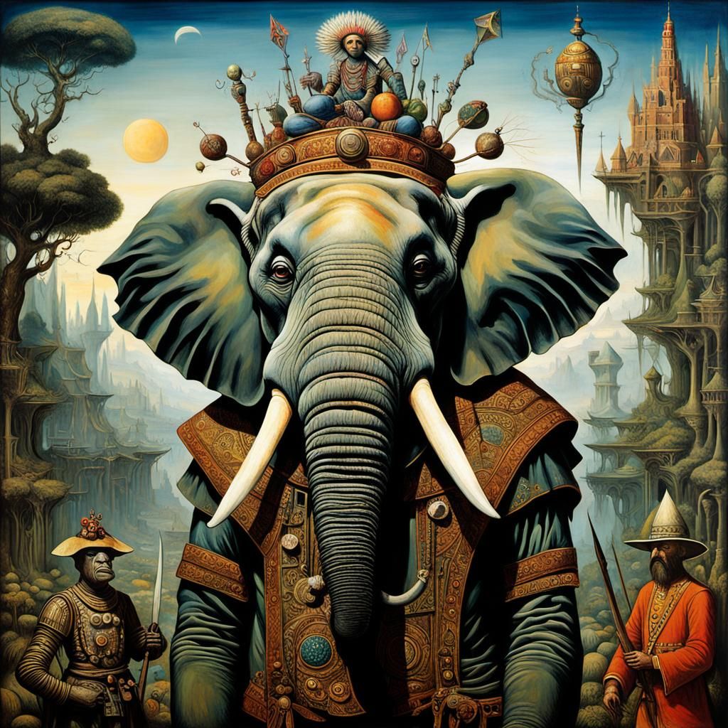 Surreal Elephant Warrior in Dreamlike Savannah