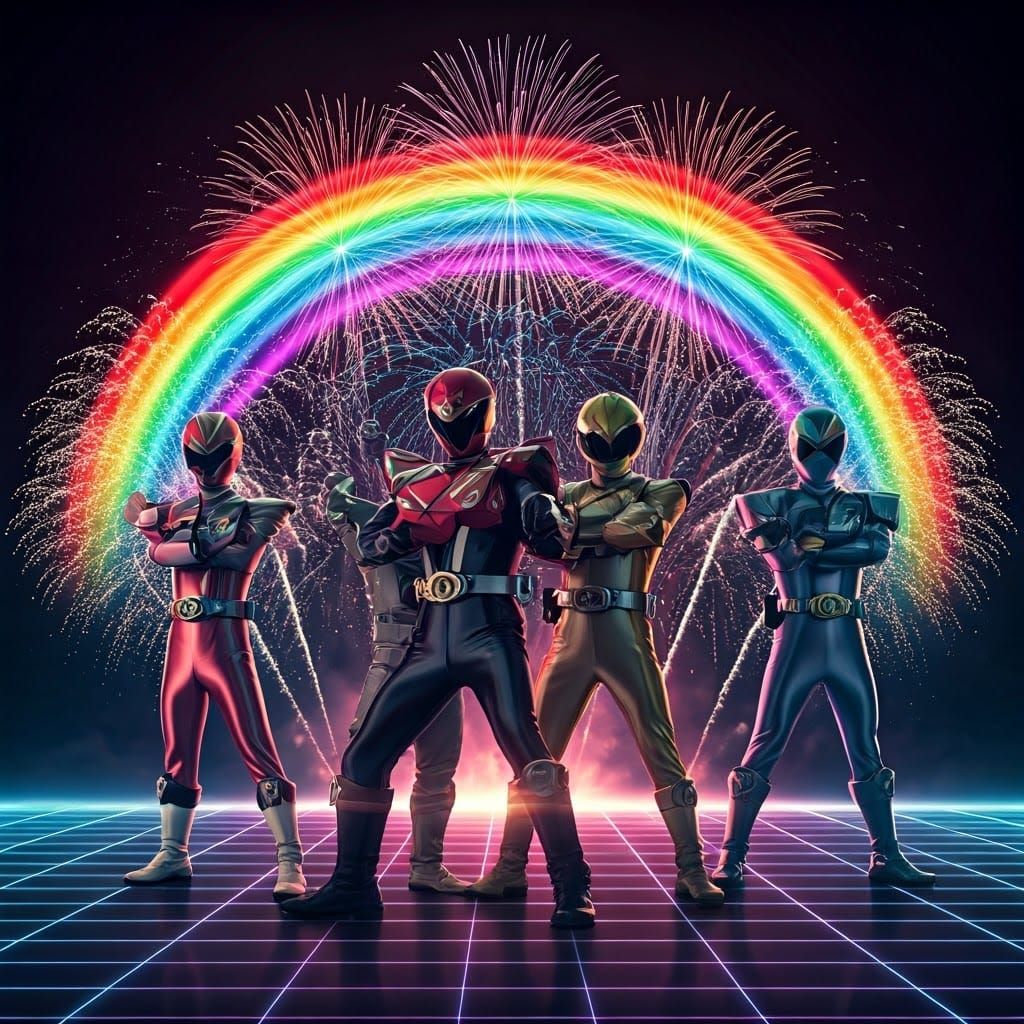 Retrofuturistic Superheroes Emerge from a Neon Fireworks Spe...
