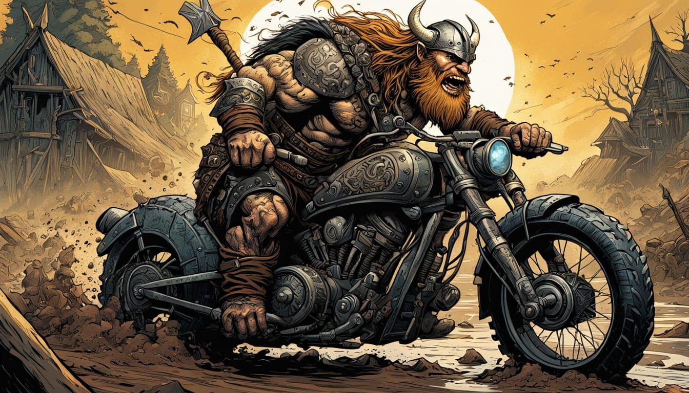 Viking Troll on Motorbike in Comic Book Style