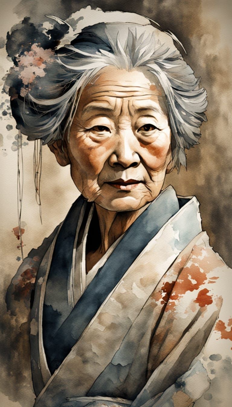 Elderly Geisha in Soft Focus, Watercolor Style