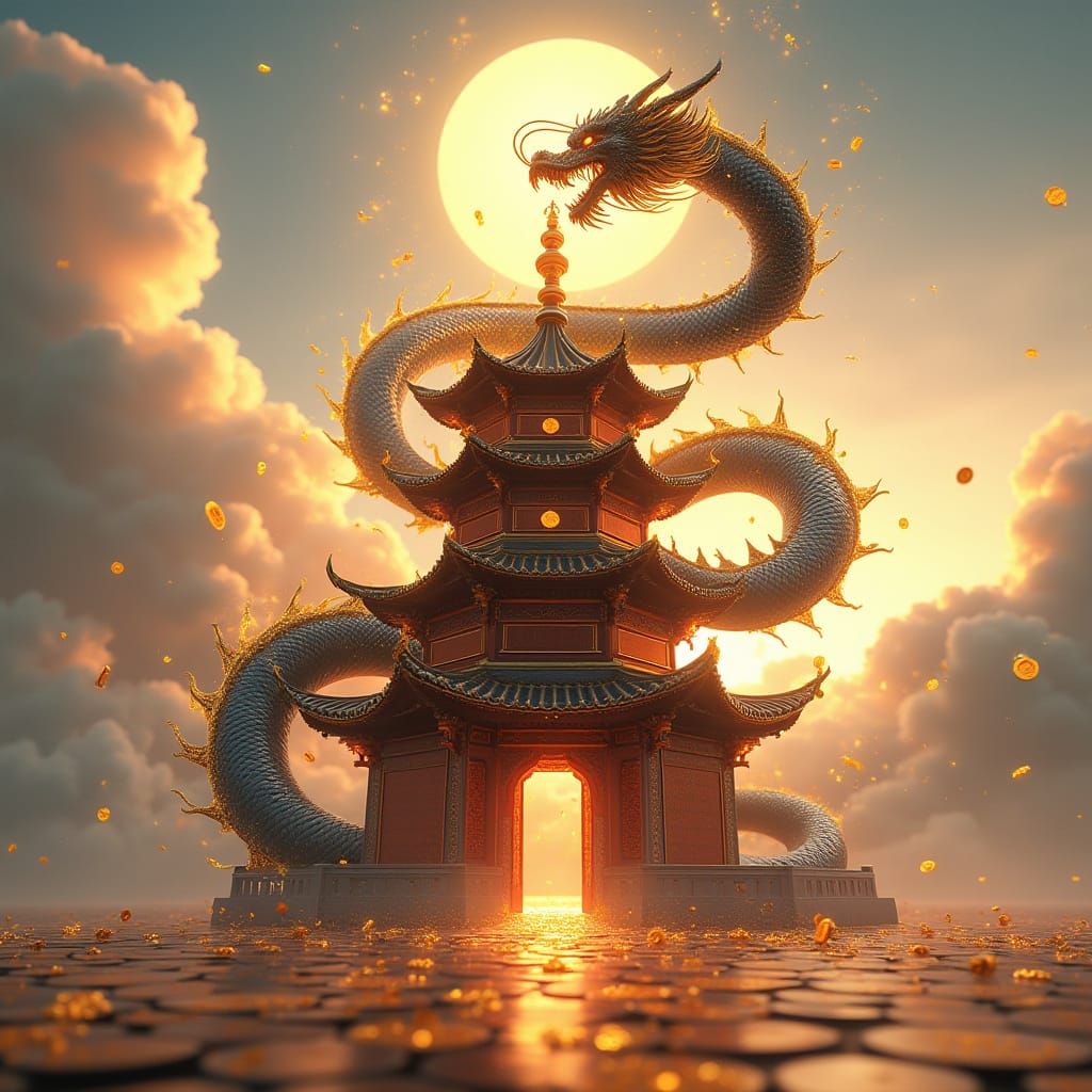 Ethereal Mahjong Pagoda Ascends into Sunlit Skies with Radia...