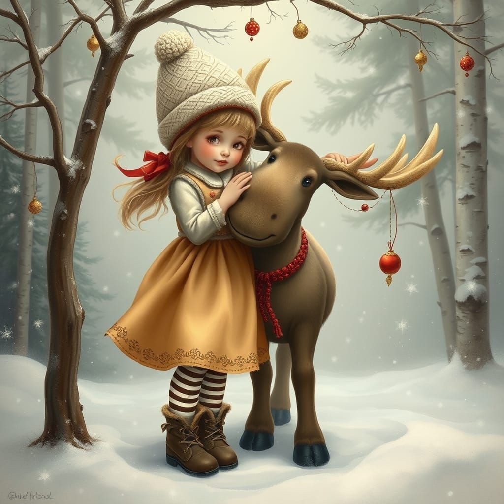 very young girl with short wind blown hair, knit hat with ma...