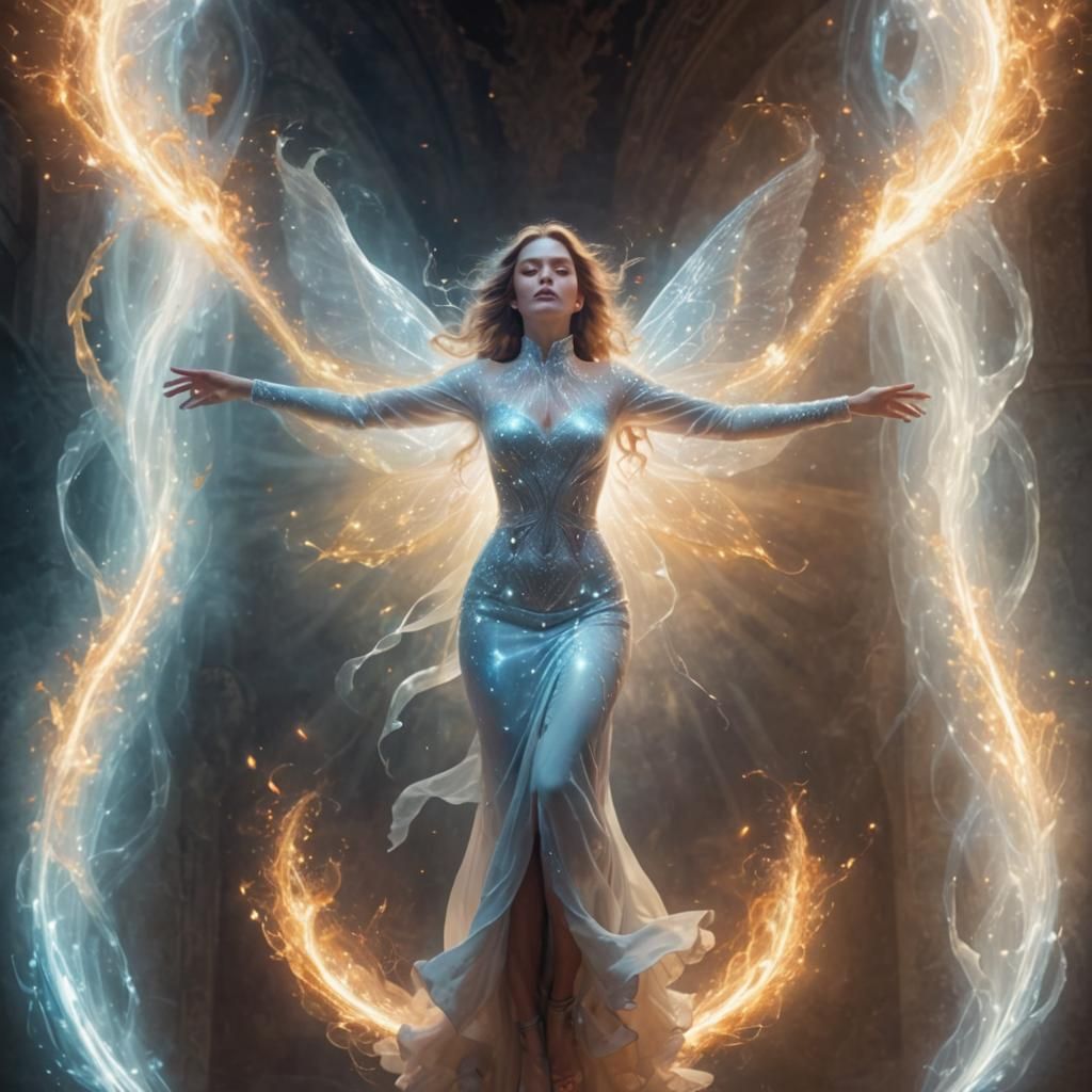 Ethereal Woman Ascends in Radiant Light