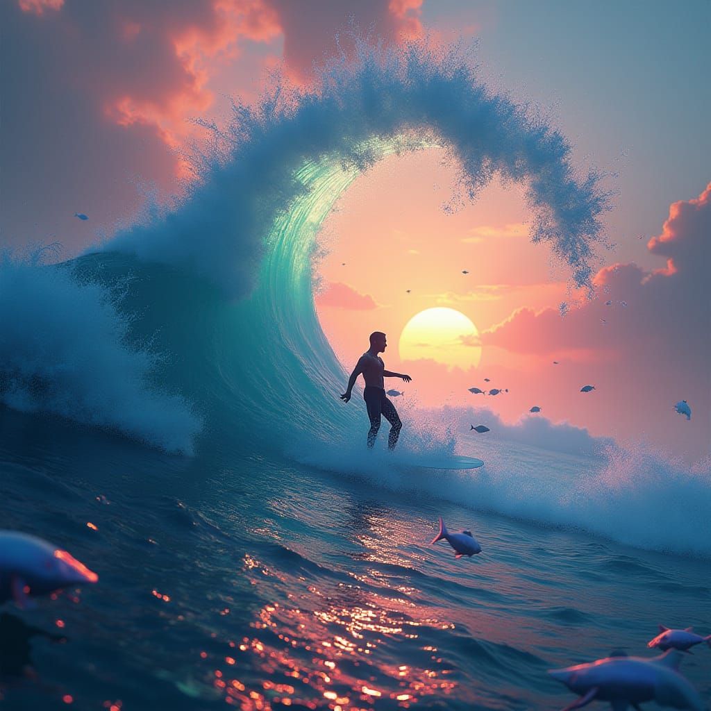 Surfer on Ethereal Wave in Dreamlike Ocean