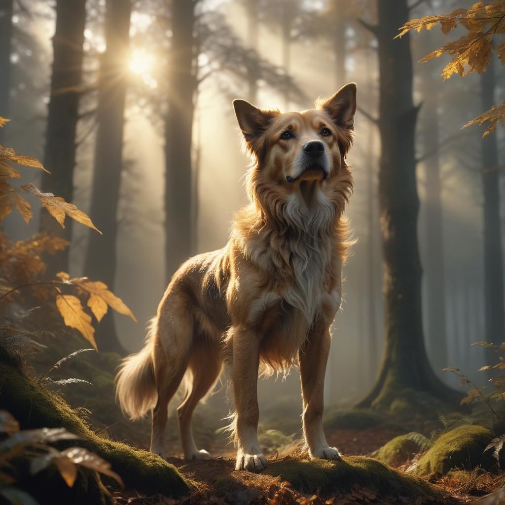 Majestic Dog Dominates Misty Forest Clearing in Golden Light