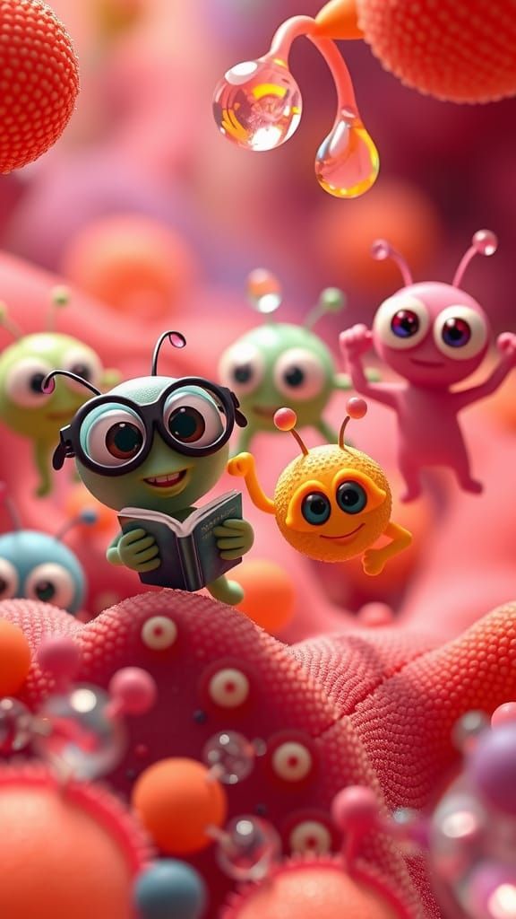 A group of silly, cartoon-style microbes floating in a colorful microscopic world. Each germ has big expressive eyes and...