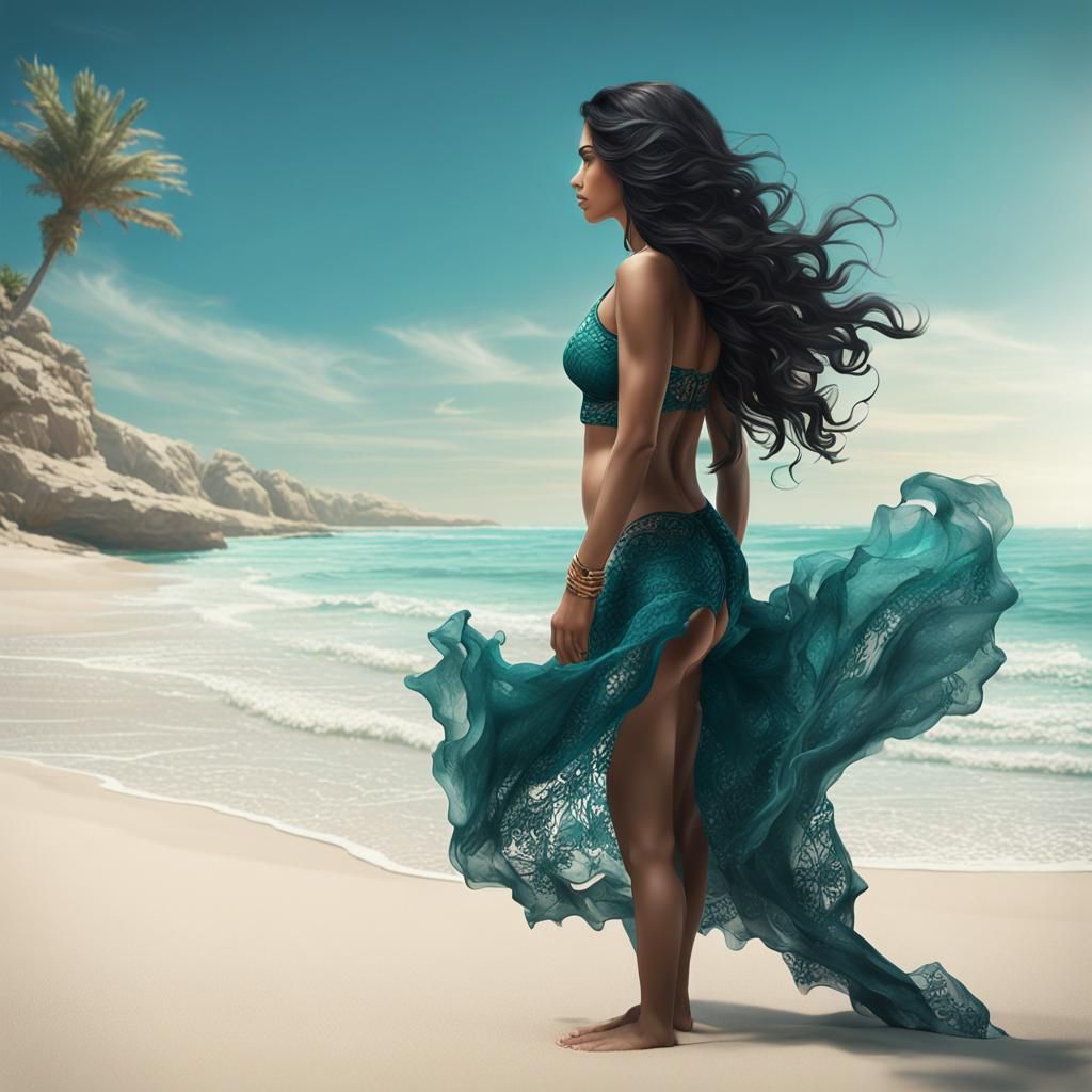 Stunning Arabian Woman in Teal Bikini: Digital Art