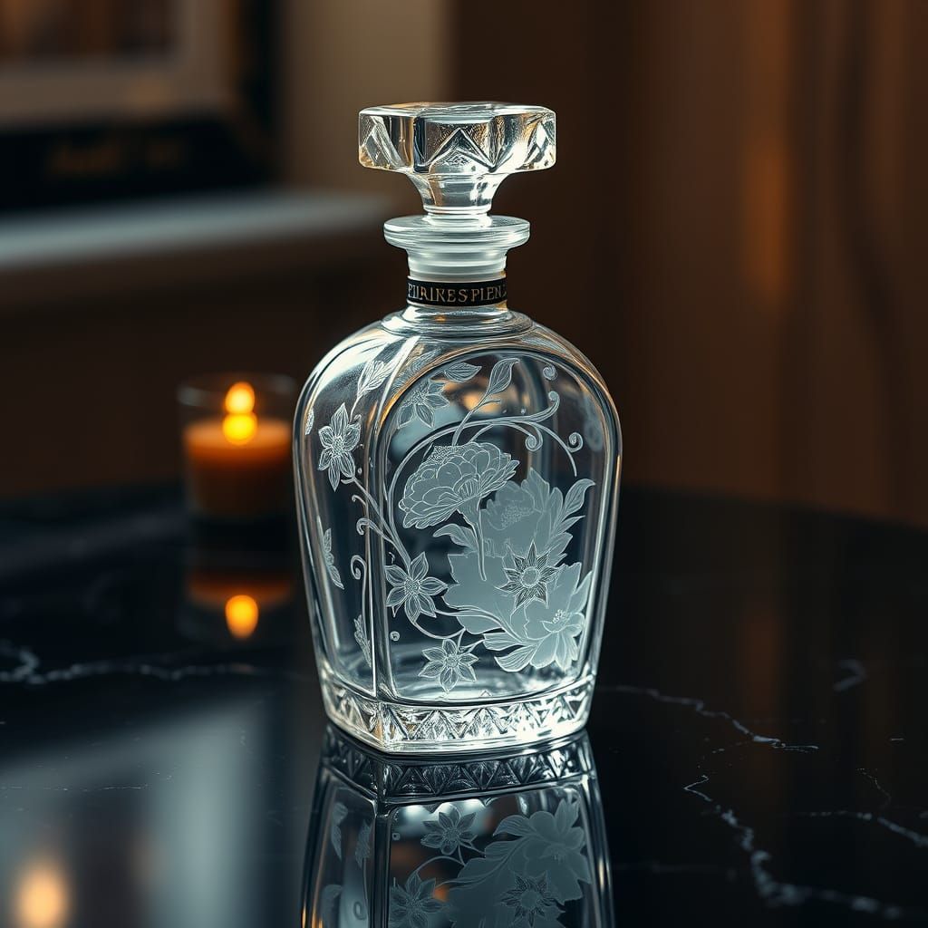 A close-up view of a beautifully sculpted perfume bottle, it...