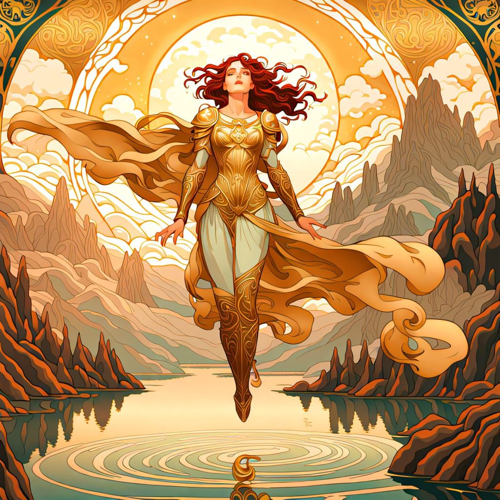 Androgynous Knight Levitation in Art Nouveau Style