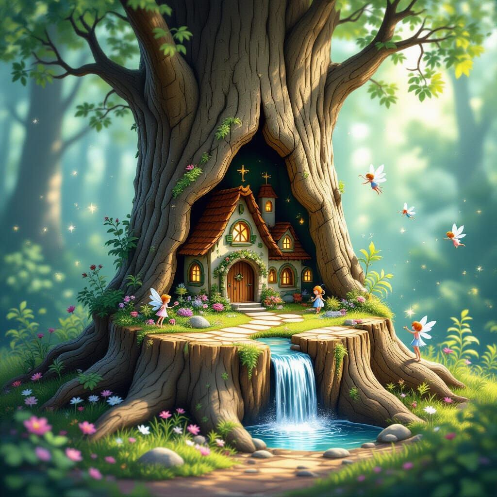 Miniature Fairy Kingdom in Hollow Tree Stump