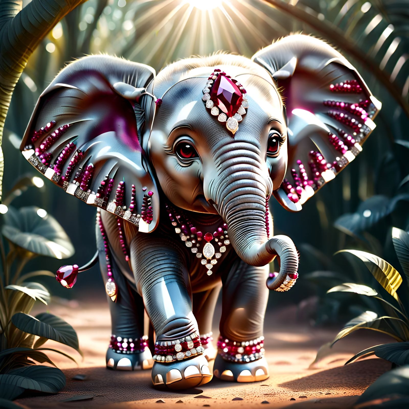 Diamond Ruby Elephant Portrait in Jungle, 4K