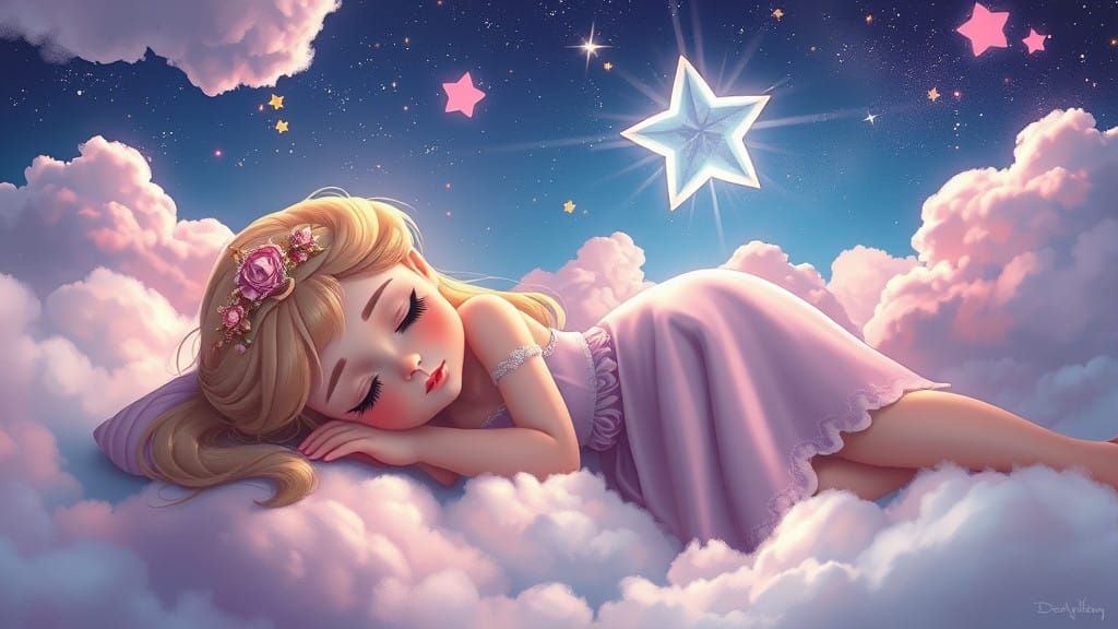 Princess Aurora Asleep on Clouds: Digital Anime Art