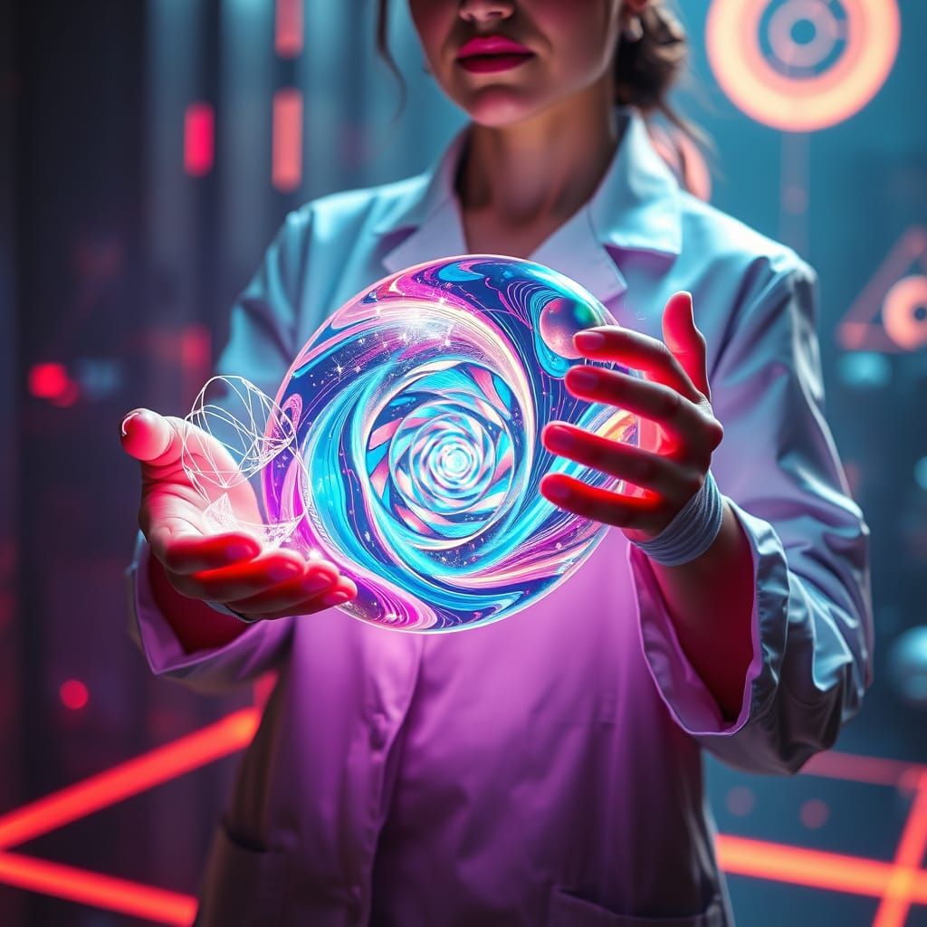 Woman Holds Glowing Pocket Universe in Cyberpunk Style