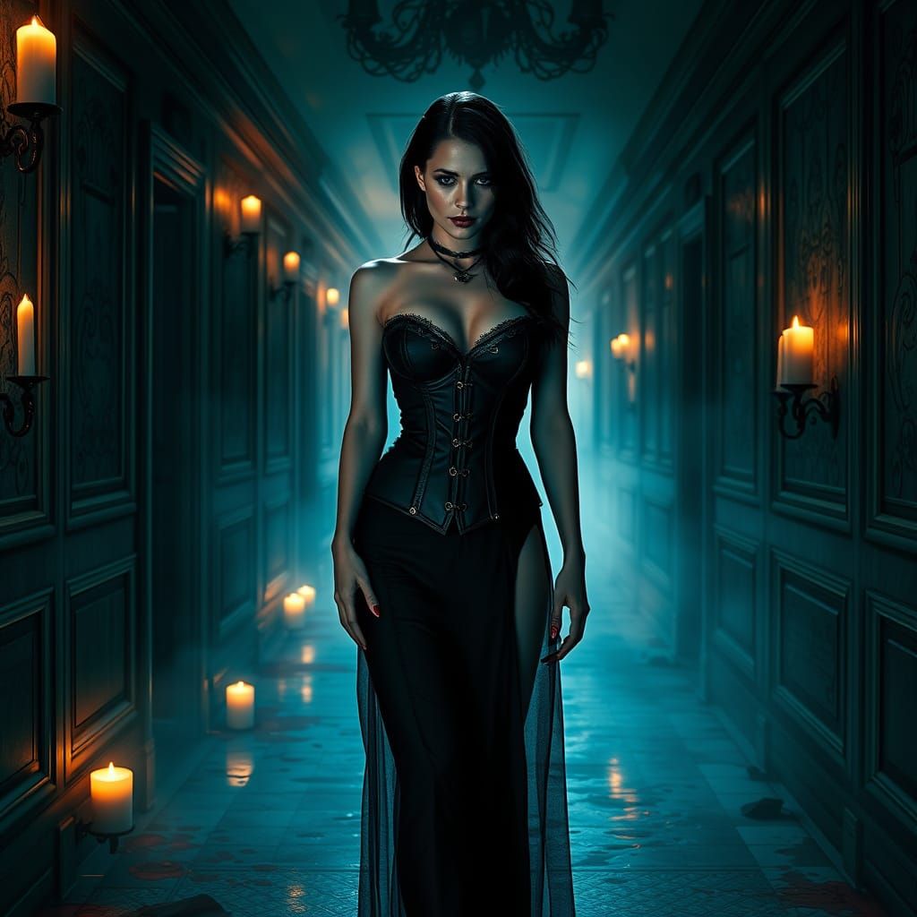 Gothic Vampire in Haunted Hotel Corridor