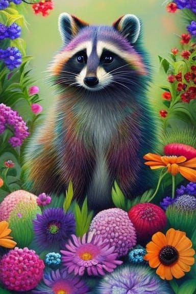 Raccoon's Whimsical Garden Portrait in Hyperrealistic Detail