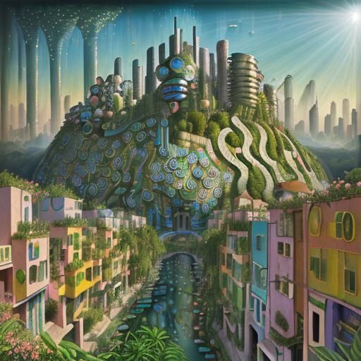 Utopian Cityscape in Surrealist Oil Painting Style