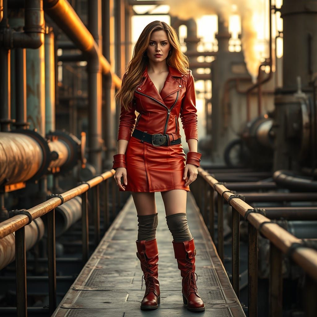 Red Leather Rebel in an Industrial Landscape