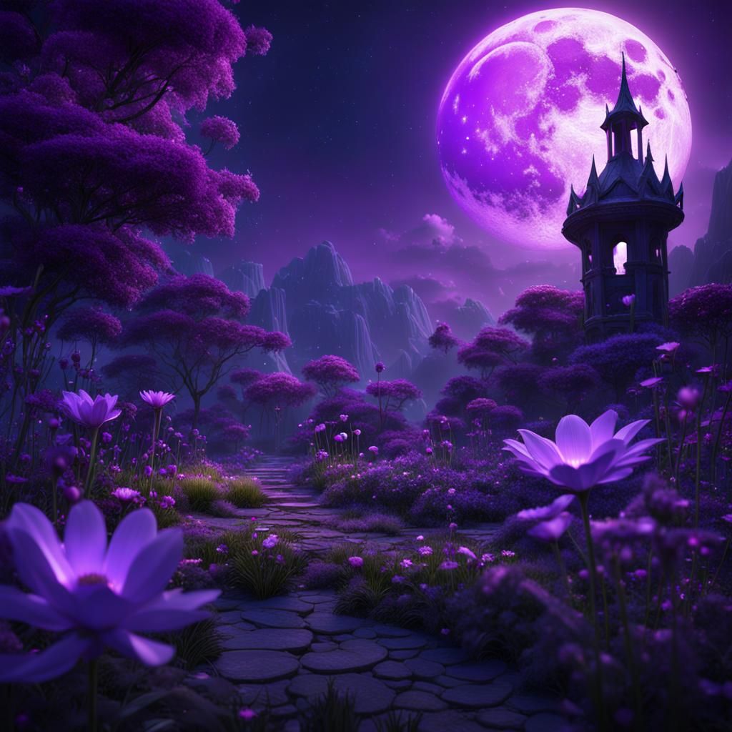 Midnight Enchanted Garden with Glowing Purple Bloom