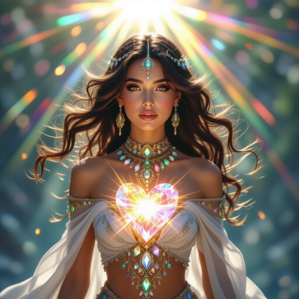 Crystalline Woman Refracting Light into Rainbow