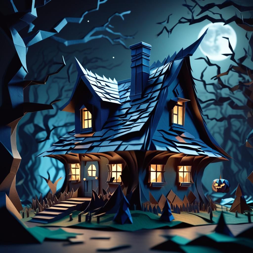 Melancholy Witch's Cottage in Dark Forest, Origami Style